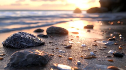 Golden sunset on a sandy beach with stones