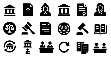 Legal and judicial icons set – solid, filled, court and justice graphics