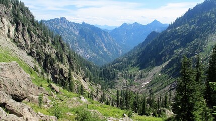 Mountain valley vista, rocky slopes, lush green