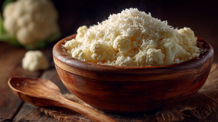freshly grated raw cauliflower in a large bowl, with soft shadows and natural light, rustic table surface