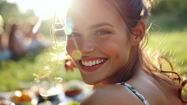 Happy woman smiles in sunlit park during picnic with friends on a warm afternoon, Sunlit happy woman faces, closeup in an intimate picnic scene, capturing the essence of summer joy