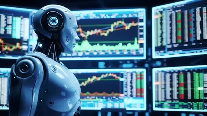 Futuristic robot analyzing stock market data on multiple screens in a high-tech trading environment - Powered by Adobe