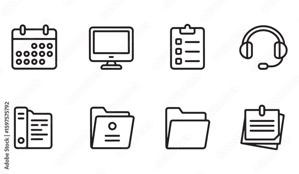 Fototapete black outline icons of calendar computer headphones clipboard folders and notes on white background 