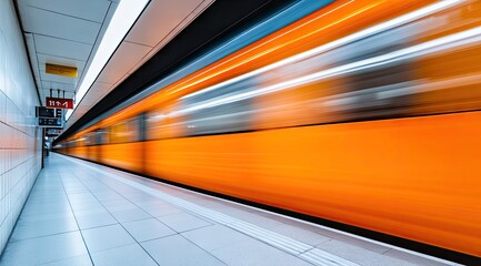 Orange subway train speeding through station (1)