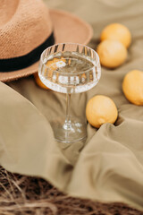 Summer weekend picnic with champagne, flowers and lemons