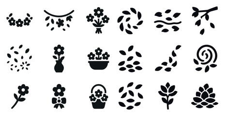 Floral silhouette icons set – solid, filled, nature and garden graphics