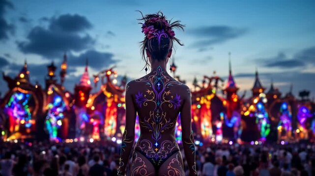 Large scale electronic dance music festival, elaborate stage. Woman body painted with colorful patterns, symbol of creativity.