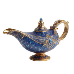 Ornate blue and gold genie lamp with swirling designs, gems, and a curved spout, resting on a small base