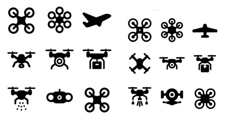 Naklejka premium Drone and aviation solid icons set – filled, silhouette, flight and aerial symbols