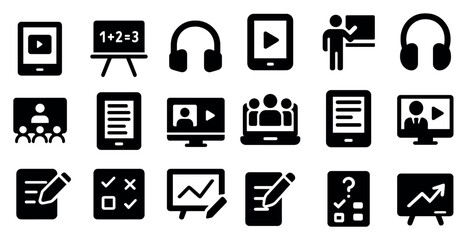 Education and learning icons set – solid, filled, teaching and classroom tools