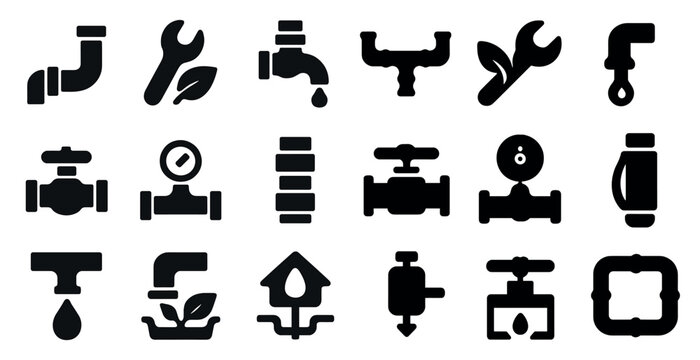 Plumbing and repair filled icons set – solid, toolkit, water supply illustrations
