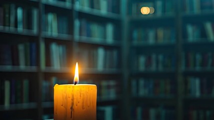 Single candle in a dark library