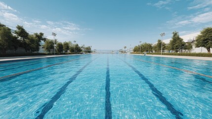 Endless Aquatic Arena: Serene Swimming Pool Under Bright Blue Sky Panorama