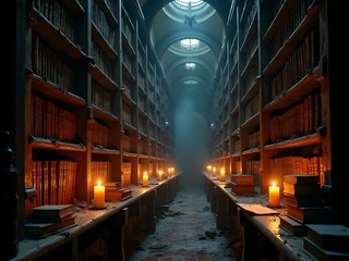Fototapeta premium Ancient Candlelit Library with Dusty Old Books