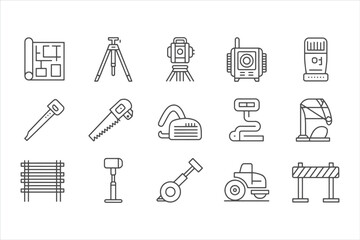 Collection of construction and surveying equipment icons on white background blueprint plan