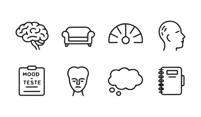 Collection of simple black line art icons related to mental health and psychology brain therapy