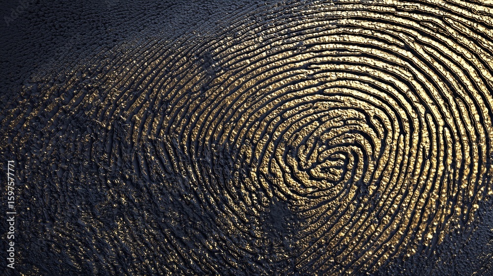 Poster exploring biometric technology with a close-up view of a fingerprint pattern illuminated by golden l