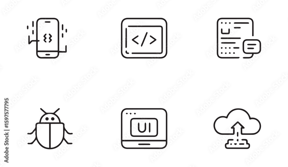 Fototapete collection of six black outline icons depicting software development and technology concepts vector