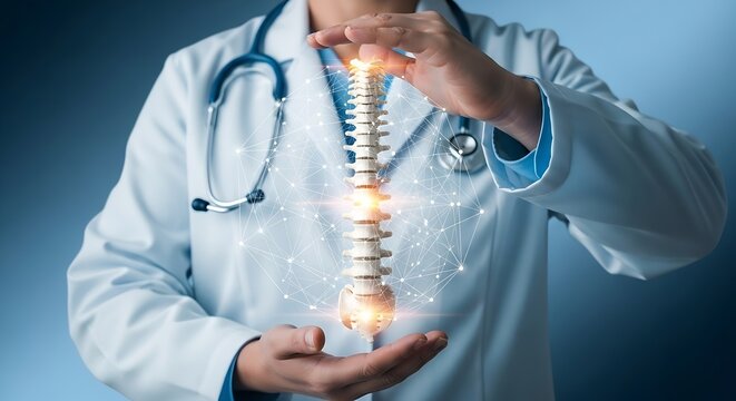 Doctor Examining Spine with Digital Network, Healthcare Innovation, Medical Technology, Futuristic Spine Treatment Illustration - Powered by Adobe