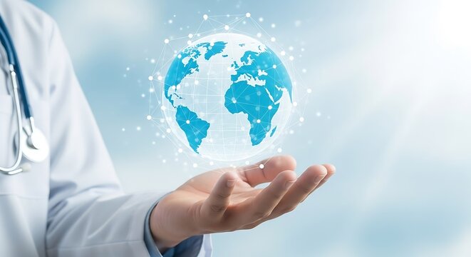 Global Healthcare Innovation: Doctor Holding World Globe with Network Connection, Medical Technology, Global Health, Healthcare, Innovation, Digital Health, Futuristic Medicine, Doctor, World, Globe