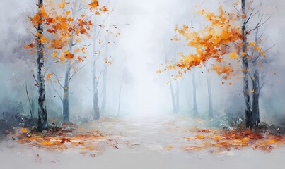 Fototapeta premium In the heart of a vibrant autumn forest, a serpentine path of fallen leaves winds through tall, stately trees, illuminated by dappled sunlight that filters through their branches