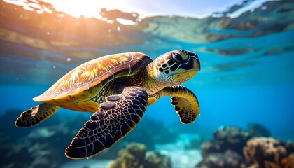 Obraz premium Swimming sea turtle in clear ocean water with natural light, conveying marine life and ocean conservation.