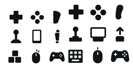 Gaming and entertainment solid icons set – silhouette, pixel art, video game symbols