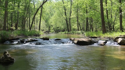 Naklejka premium Sunlit creek cascading over rocks in a lush forest