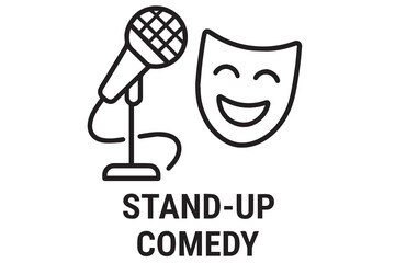 A black and white vector of a microphone and laughing face, outlined in bold black to represent the energy of stand-up comedy performance.

