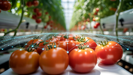 Ripe red tomatoes in a greenhouse with digital network overlay agriculture technology