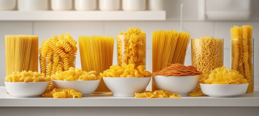 The colorful collection of various pasta shapes on a kitchen shelf.