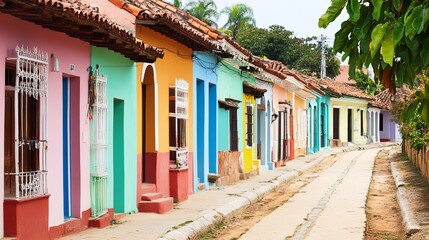 Fototapeta premium Colorful houses line a street, vibrant hues