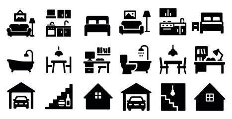 Home and living silhouette icons set – filled, household, furniture symbols