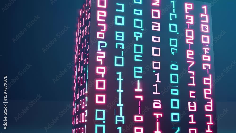 Poster cube displays glowing binary code in a minimal cartoony technology style, cube with binary code mini