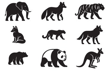 Naklejka premium Wild Animal Silhouette Icon Set, Elephant, Tiger, Wolf, Panda, Bear, Kangaroo, Fox, Cheetah Vector Collection