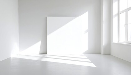 Blank canvas leaning on a wall in a naturally lit white minimalist room, conveying artistic potential and clean space.
