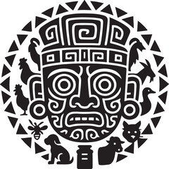 Vector art of an intriguing tribal mask surrounded by animals representing ancient cultural beliefs isolated on white background