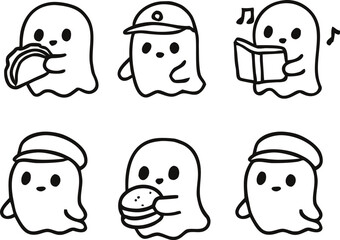 Cute Halloween ghosts, cartoon illustration set with food and hats