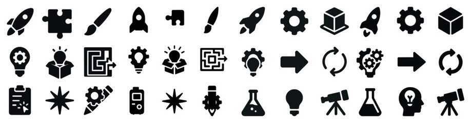 Fototapeta premium Science and technology solid icons set – education, tech, innovation symbols