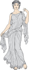 Vector art of a graceful greek goddess in flowing robes isolated on white background