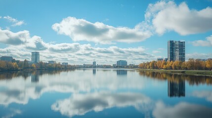 Naklejka premium Calm cityscape reflected in a placid lake, autumn colors