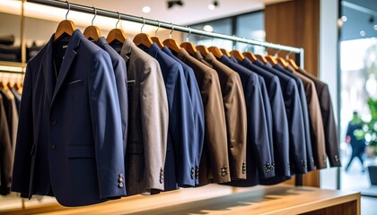 Fototapeta premium Hanging row of assorted men's jackets in a clothing store, conveying modern fashion and shopping experience.