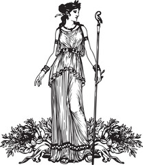 Obraz premium Vector art of a regal greek goddess with a staff and floral adornments isolated on white background