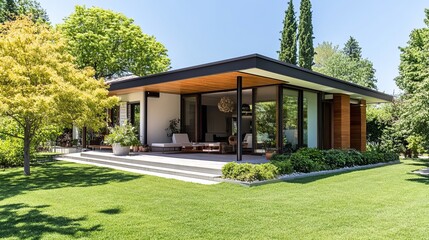 Modern house with a spacious patio and lush garden