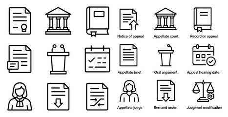 Legal and courtline icons set – outline, solid, judicial symbols collection