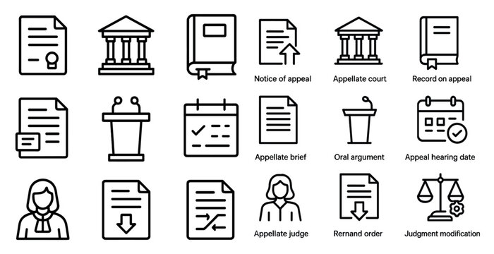 Legal and courtline icons set &ndash; outline, solid, judicial symbols collection