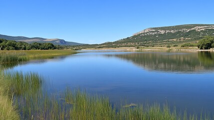 Serene lake reflecting mountains under a vast, clear sky