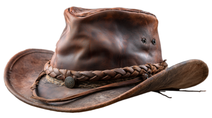 Classic brown cowboy hat with detailed leather braiding perfect for western lifestyle imagery on transparent background