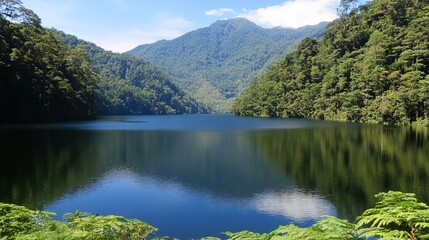 Serene mountain lake, lush greenery