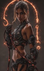Obraz premium Mysterious Fierce Female Warrior with Realistic Face and Intense Eye Contact, Athletic Feminine Body in Segmented Dark Armor with Red Scorpion Accents, Wielding Glowing Energy Whip, Scorpio Glyph and 